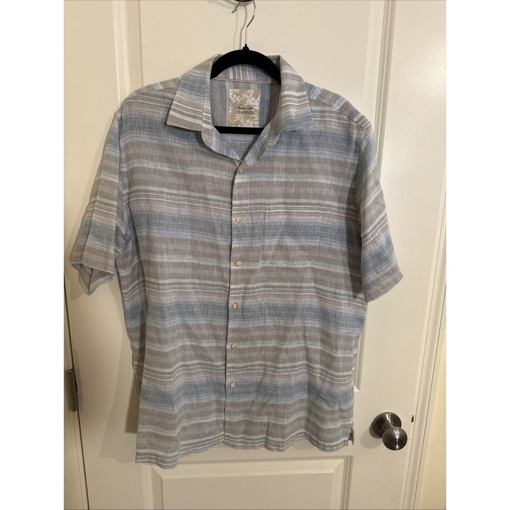 Tasso Elba Island shirt men's medium blue white stripe linen blend short sleeve